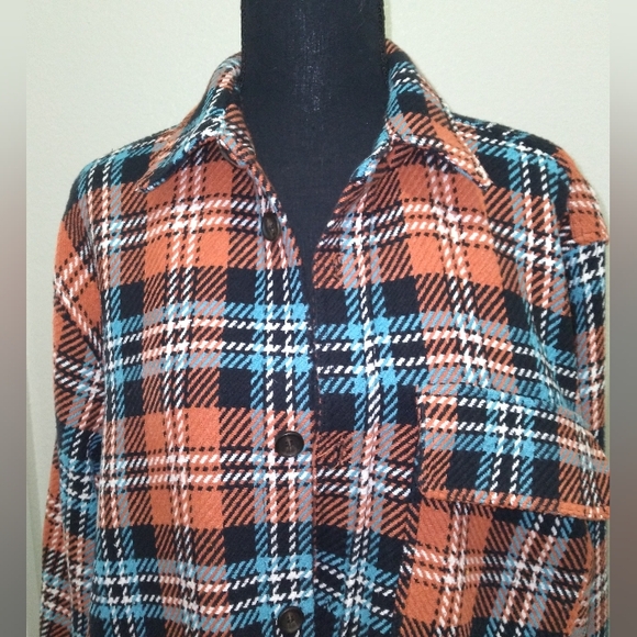 ZARA Men's Orange/Black Plaid Print Knit Long Sleeve Button Down Flannel-Size M - Picture 3 of 11
